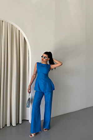 Yonca Moda Evi JAKAR KETEN KOLSUZ BLUZ-PANTOLON TK - Mavi