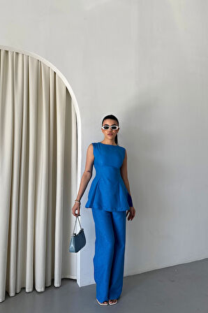 Yonca Moda Evi JAKAR KETEN KOLSUZ BLUZ-PANTOLON TK - Mavi