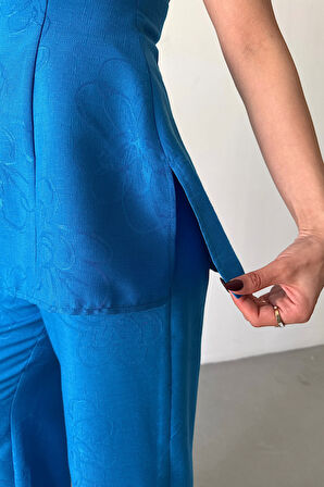 Yonca Moda Evi JAKAR KETEN KOLSUZ BLUZ-PANTOLON TK - Mavi