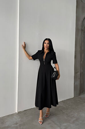 Yonca Moda Evi POLYVİSKON ELBİSE KISA KOL YAKA VE FERMUAR DETAYLI - Siyah