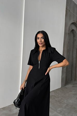 Yonca Moda Evi POLYVİSKON ELBİSE KISA KOL YAKA VE FERMUAR DETAYLI - Siyah
