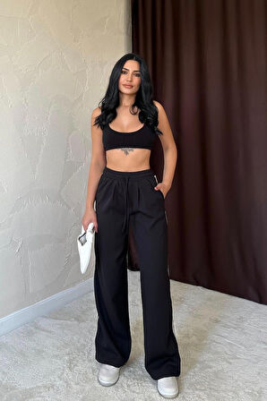 Yonca Moda Evi Siyah Yanları Şeritli Pantolon