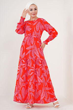 Yonca Moda Evi 2145 Desenli Tesettür Elbise - Kırmızı