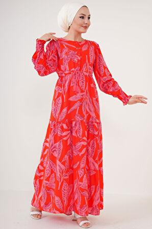 Yonca Moda Evi 2145 Desenli Tesettür Elbise - Kırmızı