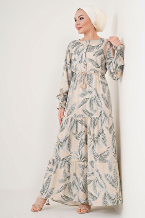 Yonca Moda Evi 2145 Desenli Tesettür Elbise - Bej