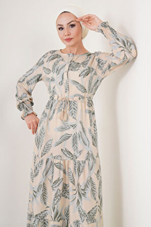 Yonca Moda Evi 2145 Desenli Tesettür Elbise - Bej