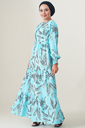 Yonca Moda Evi 2145 Desenli Tesettür Elbise - Turkuaz