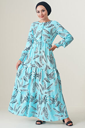 Yonca Moda Evi 2145 Desenli Tesettür Elbise - Turkuaz
