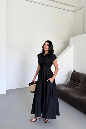 Yonca Moda Evi JAKARLI KETEN ELBİSE ÖNDEN YIRTMAÇLI CEPLİ - Siyah