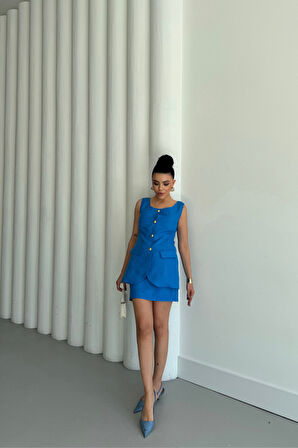 Yonca Moda Evi JAKAR KETEN YELEK - KISA ETEK TAKIM - Mavi