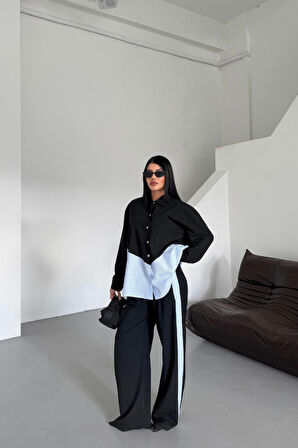 Yonca Moda Evi POLYVİSKON - POPLİN PARÇALI GÖMLEK PANTOLON TAKIM - Siyah