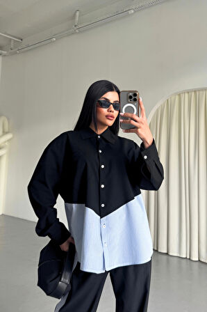 Yonca Moda Evi POLYVİSKON - POPLİN PARÇALI GÖMLEK PANTOLON TAKIM - Siyah