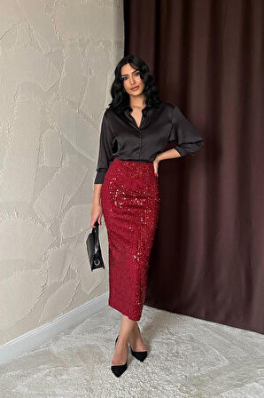 Yonca Moda Evi Bordo Pulpayetli Parlak Etek