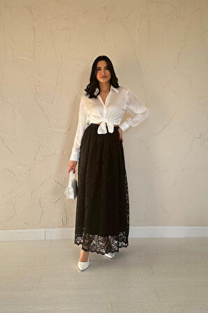 Yonca Moda Evi Siyah Dantelli Uzun Etek