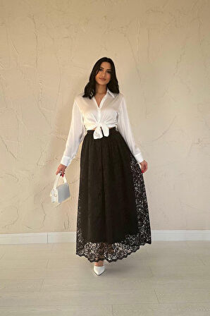Yonca Moda Evi Siyah Dantelli Uzun Etek