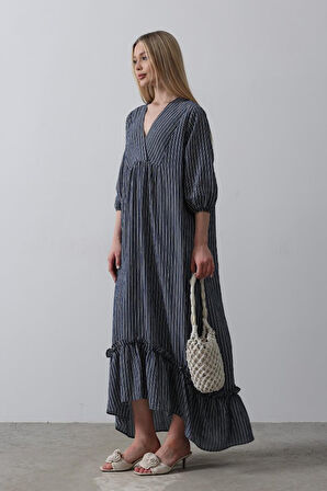 Yonca Moda Evi Çizgili Oversize V Yaka Elbise - Lacivert