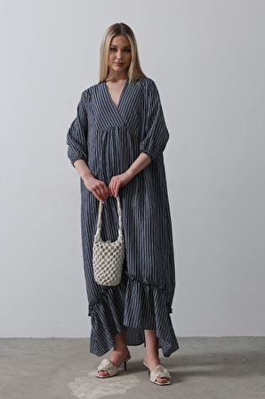 Yonca Moda Evi Çizgili Oversize V Yaka Elbise - Lacivert