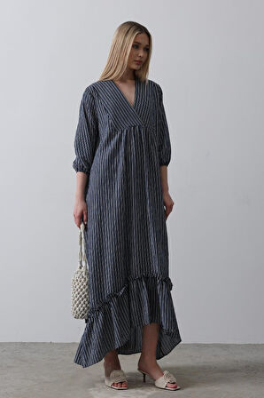 Yonca Moda Evi Çizgili Oversize V Yaka Elbise - Lacivert