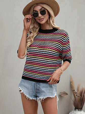 Yonca Moda Evi Kadın Kısa Kollu Bisiklet Yaka Renkli şerit Detaylı Triko Bluz