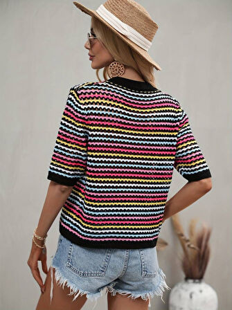 Yonca Moda Evi Kadın Kısa Kollu Bisiklet Yaka Renkli şerit Detaylı Triko Bluz
