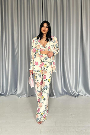 Yonca Moda Evi Ekru Baskılı Büstiyer Pantolon Ceket Takım