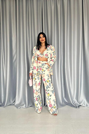 Yonca Moda Evi Ekru Baskılı Büstiyer Pantolon Ceket Takım