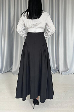 Yonca Moda Evi Siyah Yanları Büzgülü Uzun Etek