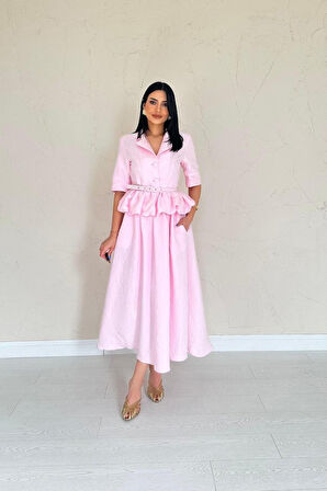 Yonca Moda Evi Pembe İnce Kemerli Fırfırlı Ceket Ve Büzgülü Etek Takım