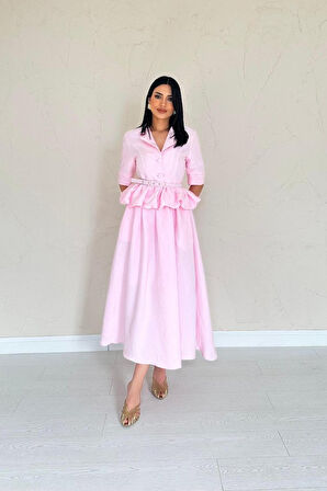 Yonca Moda Evi Pembe İnce Kemerli Fırfırlı Ceket Ve Büzgülü Etek Takım
