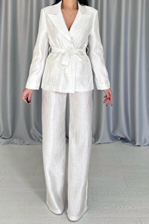 Yonca Moda Evi Ekru Beli Kuşaklı Ceket Ve Pantolon Parlak Takım
