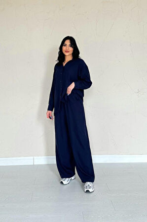 Yonca Moda Evi Lacivert Alice Gömlek Ve Bol Kesim Pantolon Takım