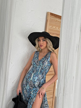 Yonca Moda Evi Kadın Beli Gipeli Etnik Desen Sıfır Kol Süprem Elbise