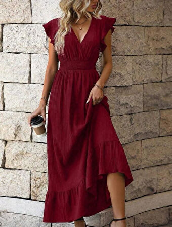 Yonca Moda Evi Kadın Kruvaze Yaka Beli Gipeli Bürümcük Kumaş Elbise