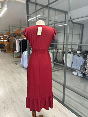 Yonca Moda Evi Kadın Kruvaze Yaka Beli Gipeli Bürümcük Kumaş Elbise