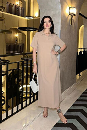 Yonca Moda Evi Manque Polo Yaka Yırtmaçlı Elbise 2689-8