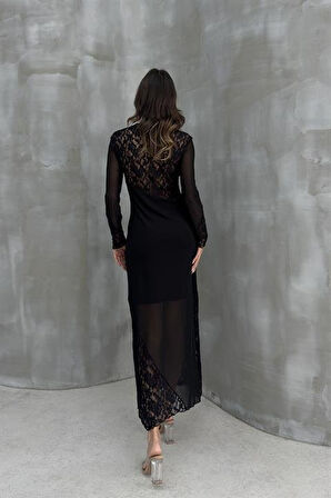Yonca Moda Evi Almond Dantel Detaylı Tül Elbise 2659-8