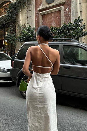 Yonca Moda Evi Trisha Sırt Dekolteli Keten Elbise 2496-20 ELBİSE