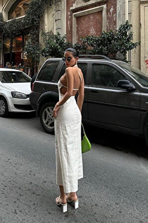 Yonca Moda Evi Trisha Sırt Dekolteli Keten Elbise 2496-20 ELBİSE