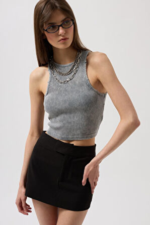 Yonca Moda Evi Yıkamalı Halter Yaka Crop Bluz