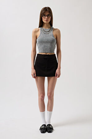 Yonca Moda Evi Yıkamalı Halter Yaka Crop Bluz
