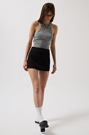 Yonca Moda Evi Yıkamalı Halter Yaka Crop Bluz