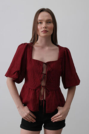 Yonca Moda Evi Kare Yaka Balon Kol Bluz - Bordo