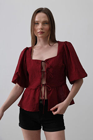 Yonca Moda Evi Kare Yaka Balon Kol Bluz - Bordo