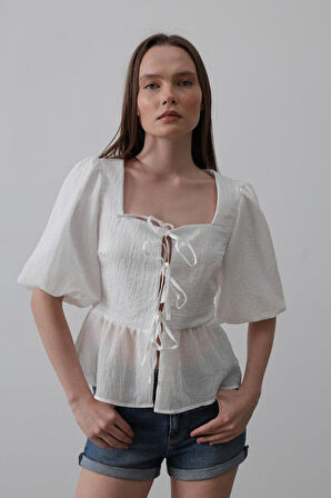 Yonca Moda Evi Kare Yaka Balon Kol Bluz - Beyaz
