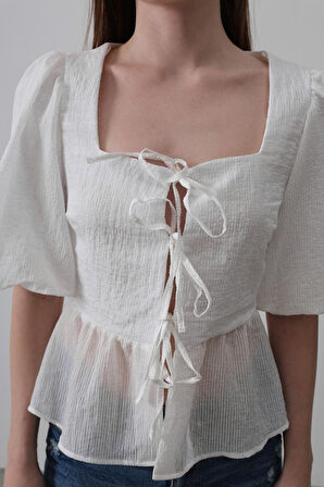 Yonca Moda Evi Kare Yaka Balon Kol Bluz - Beyaz