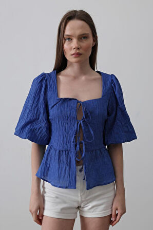 Yonca Moda Evi Kare Yaka Balon Kol Bluz - Mavi