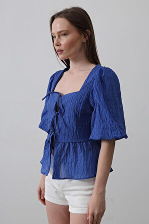 Yonca Moda Evi Kare Yaka Balon Kol Bluz - Mavi