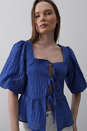 Yonca Moda Evi Kare Yaka Balon Kol Bluz - Mavi