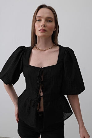 Yonca Moda Evi Kare Yaka Balon Kol Bluz - Siyah