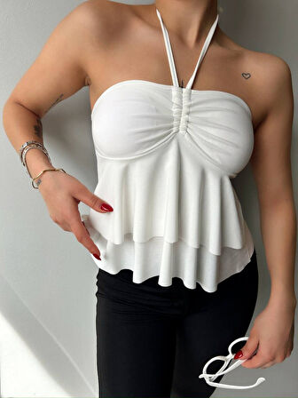 Yonca Moda Evi Kadın Halter Bağcık Detay Gloplu Bluz